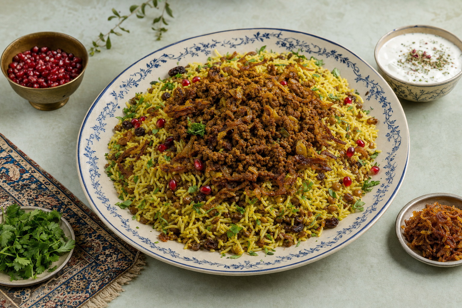 Adas Polo — Persischer Linsenreis mit Safran, Rosinen und gebratenem Hackfleisch