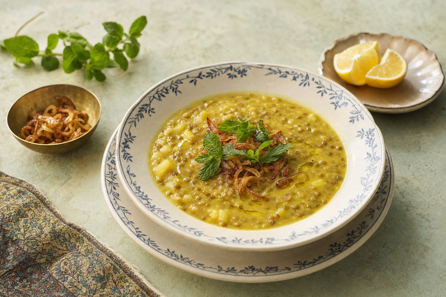 Adasi — Sämige persische Linsensuppe mit Kartoffeln, Kurkuma und einem Spritzer Zitrone