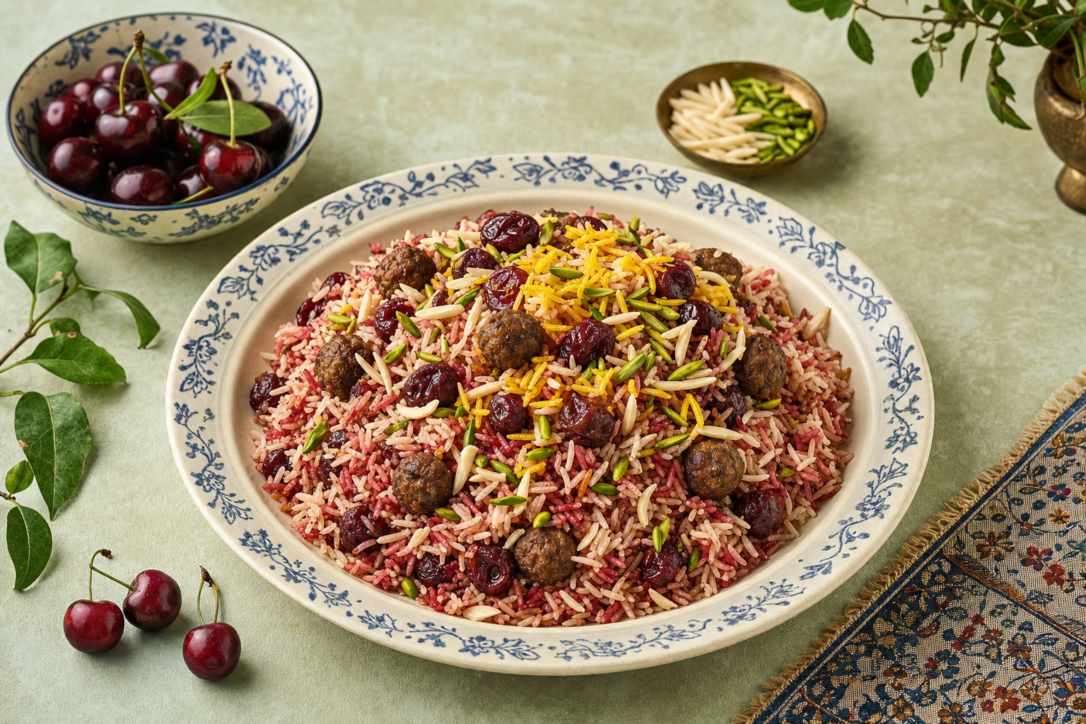 Albaloo Polo — Sauerkirschreis mit Safran, kleinen Fleischbällchen, Mandeln und Pistazien