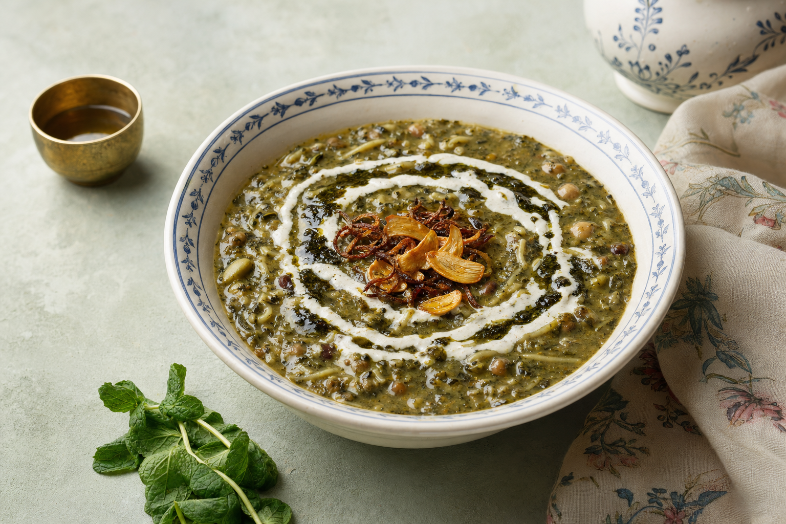 Ash-e reshteh — Dicke Kräutersuppe mit Nudeln, Hülsenfrüchten, Kashk und Minzöl