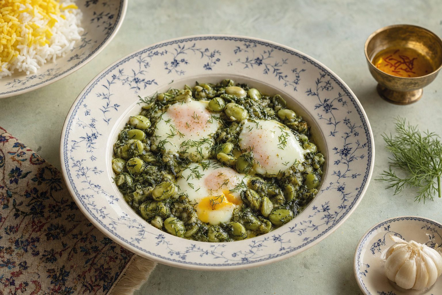 Baghali Ghatogh — Dicke Bohnen mit viel Dill und Knoblauch, darauf weich gestockte Eier