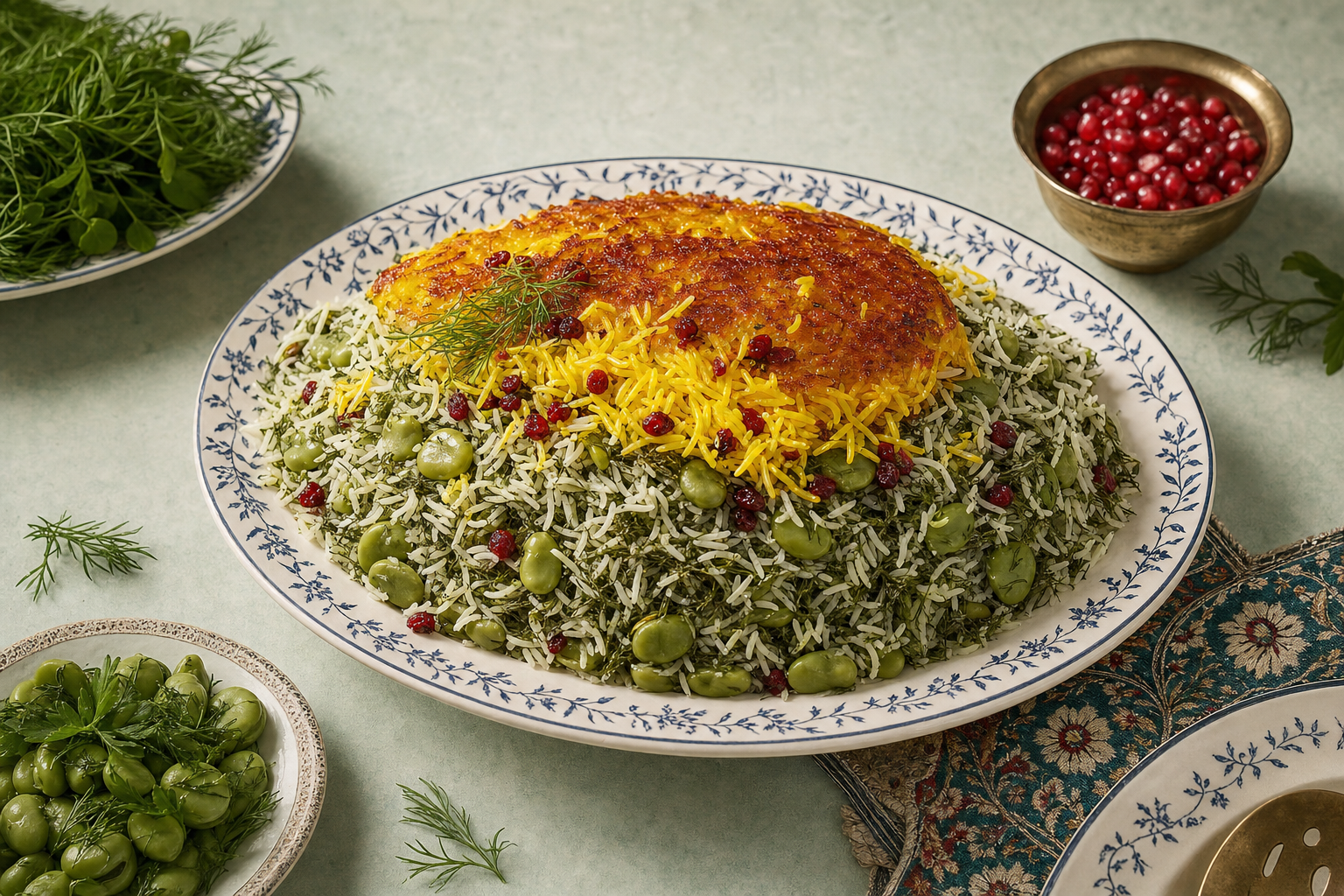 Baghali Polo — Gedämpfter Reis mit dicken Bohnen und Dill, dazu Safran und eine goldene Kruste