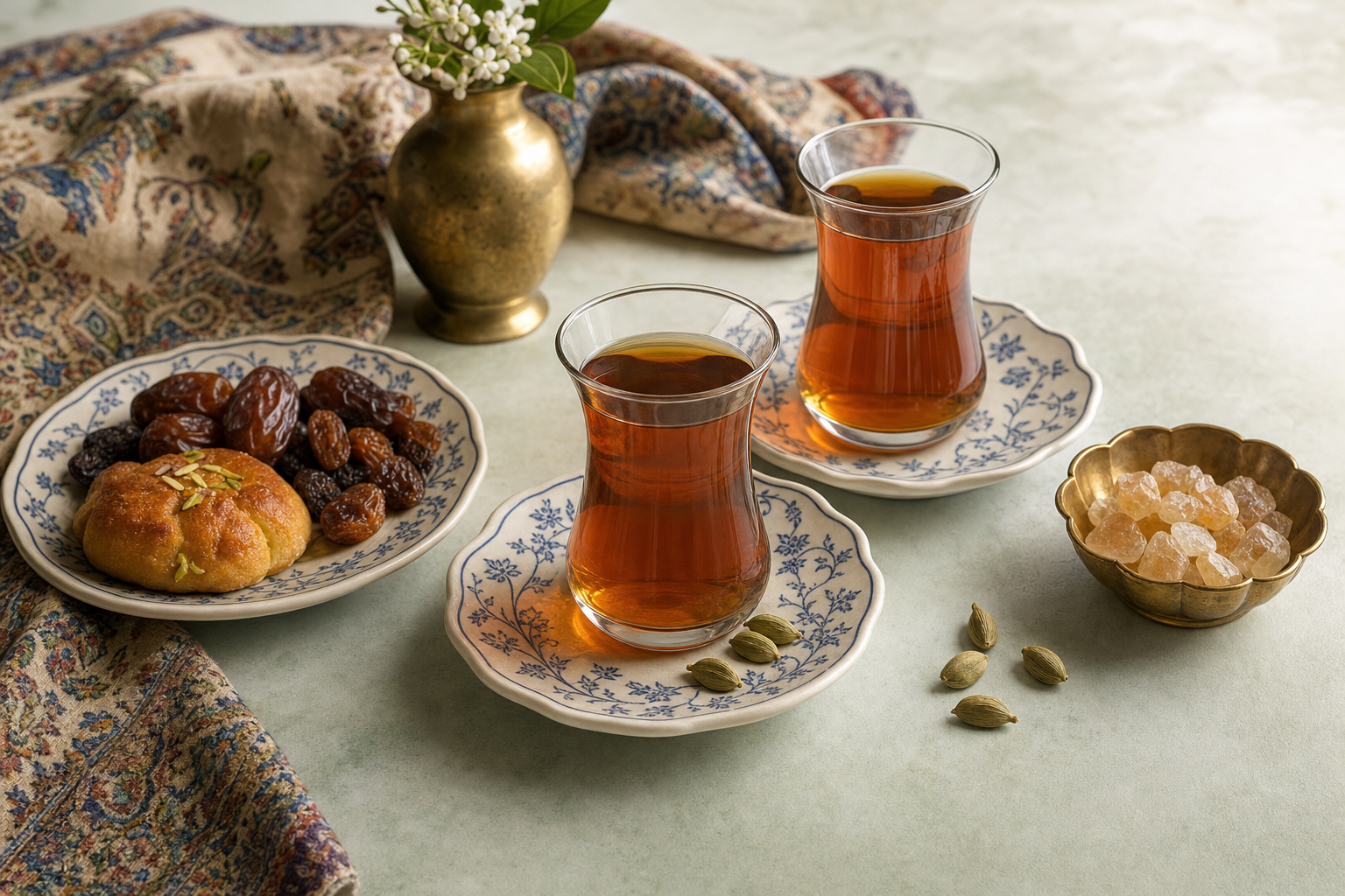 Chai — Persischer Schwarztee mit Kardamom, klar und bernsteinfarben im Glas