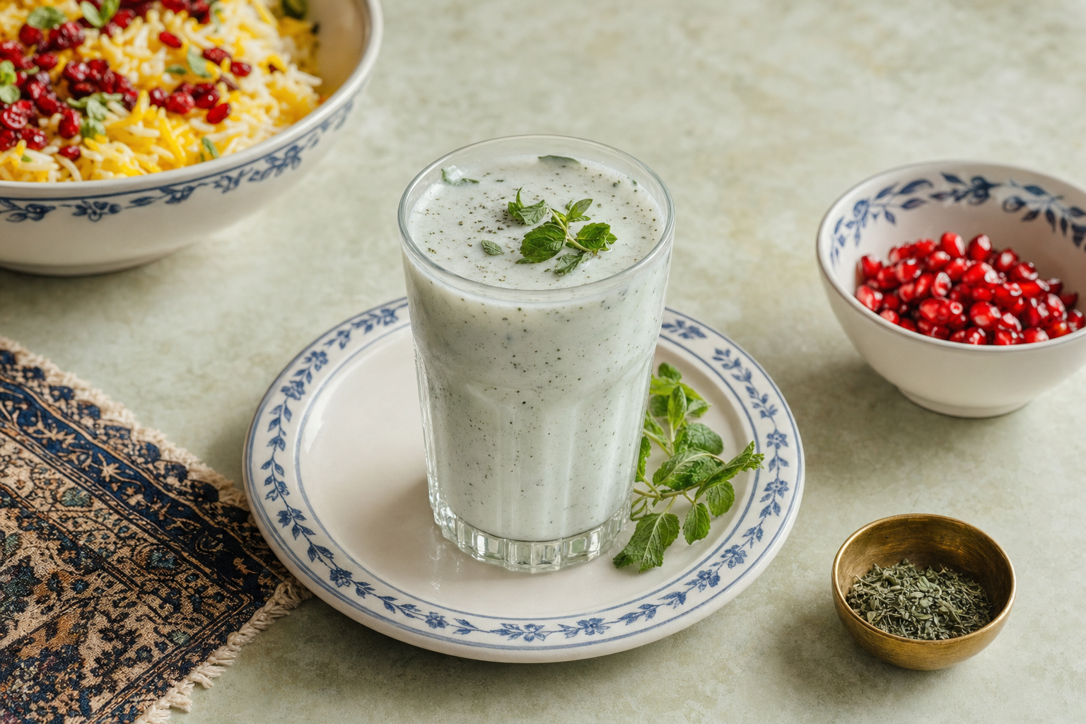 Doogh — Persisches Joghurtgetränk mit Minze und Salz, eiskalt zum Essen getrunken