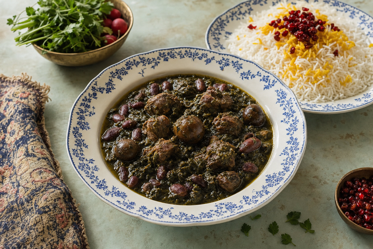 Ghormeh Sabzi — Geschmortes Lamm mit Kräutern, Kidneybohnen und getrockneten Limetten