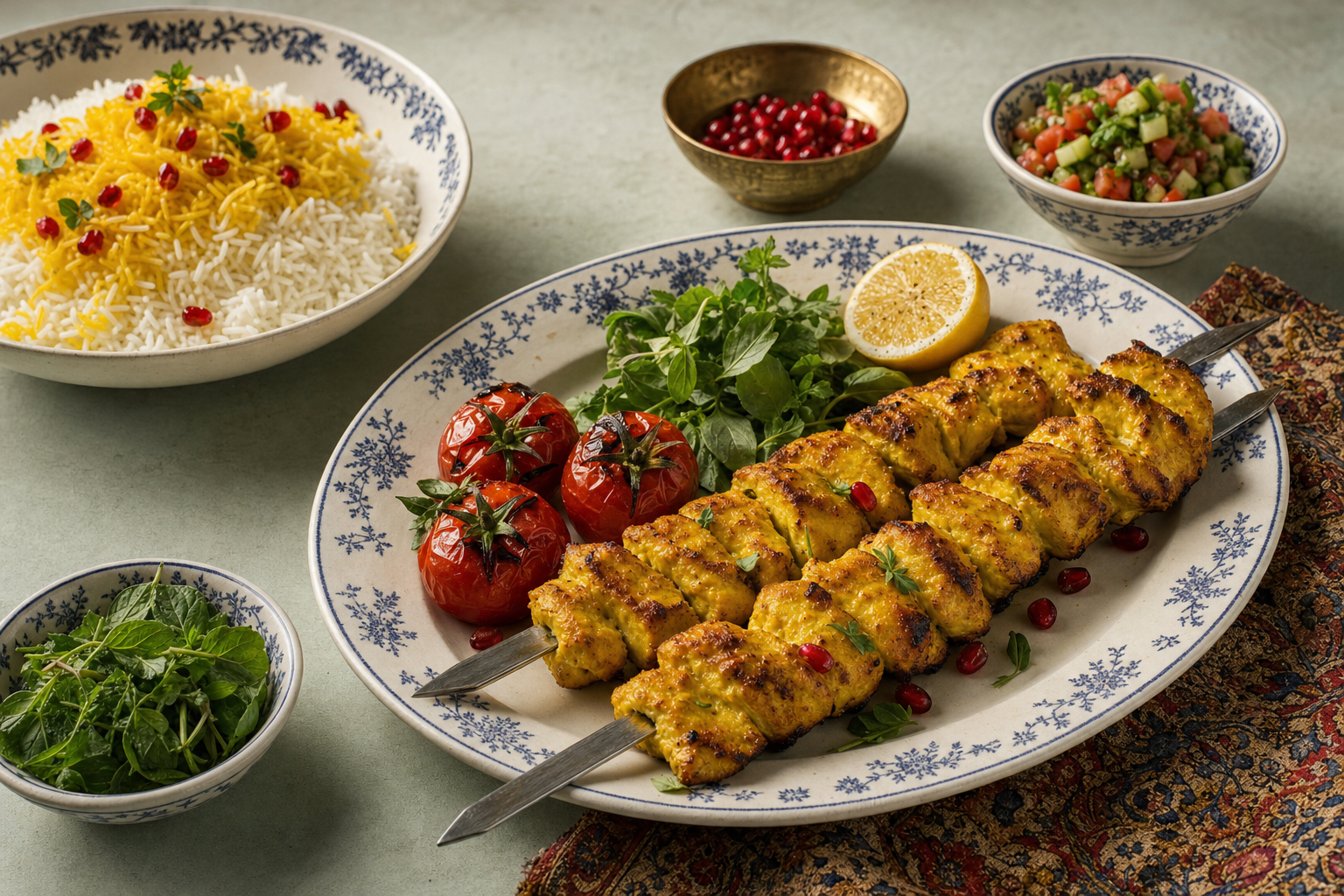 Joojeh Kabab — Hähnchenspieße in Safran, Joghurt und Zitrone, über der Glut gegrillt