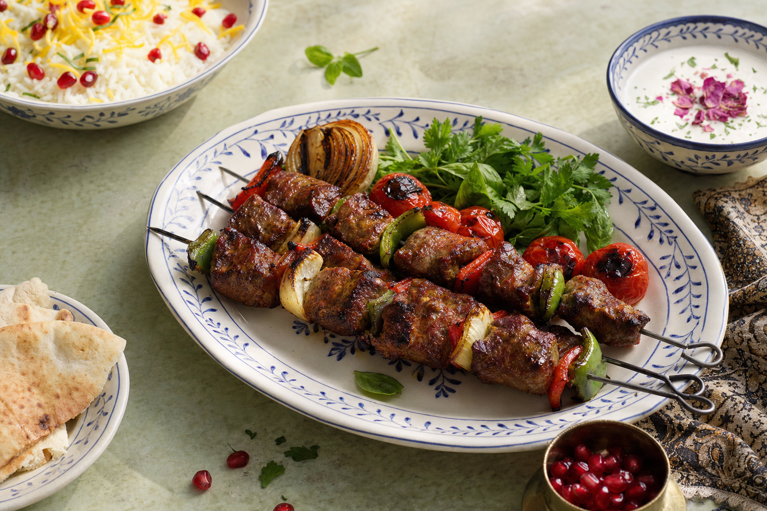 Kabab-E Chenjeh — Persische Lammspieße aus marinierten Fleischwürfeln, mit Safranbutter gegrillt