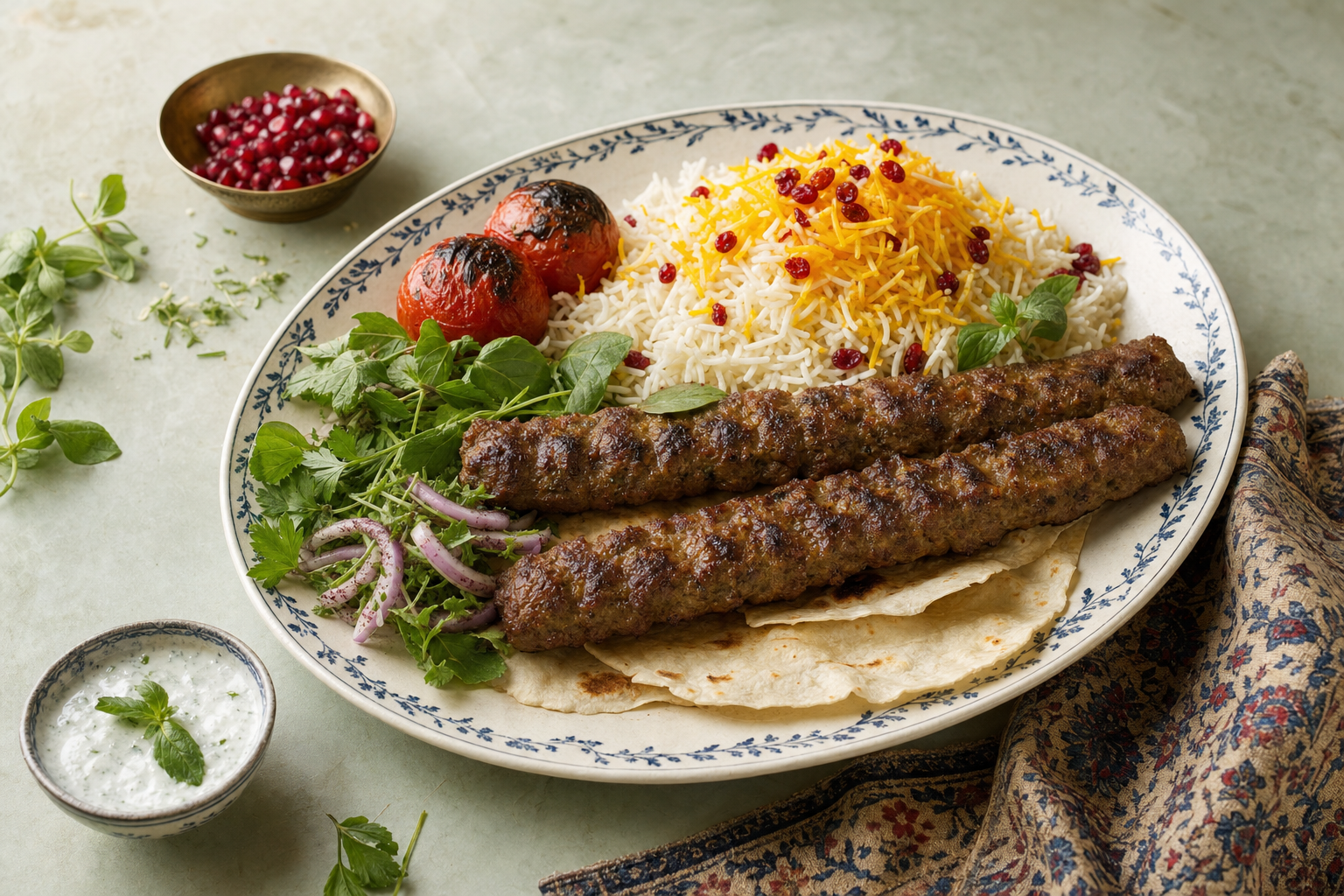 Kabab Koobideh — Geknetetes Hackfleisch mit Zwiebel und Safran, flach am Spieß über der Glut gegrillt