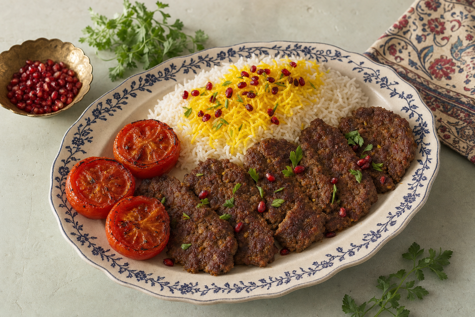 Kabab Tabei — Persischer Pfannenkebab aus gewürztem Hackfleisch, dazu gebratene Tomaten