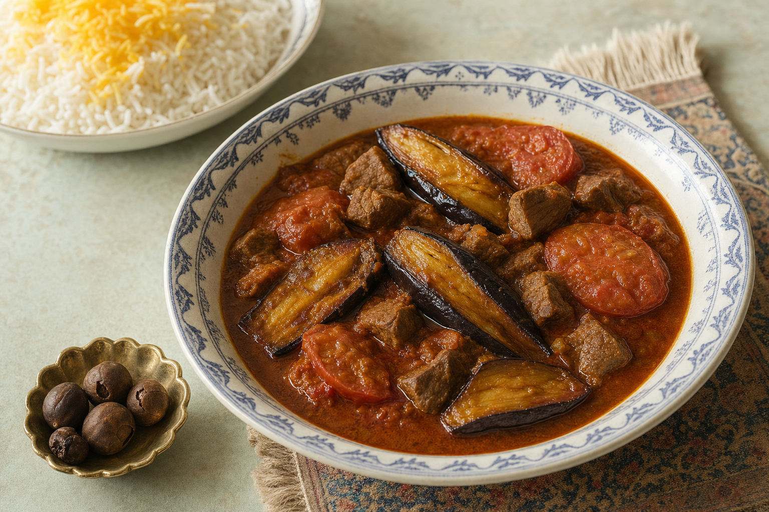 Khoresh-e Bademjan — Geschmorte Auberginen mit Rindfleisch in säuerlicher Tomatensauce