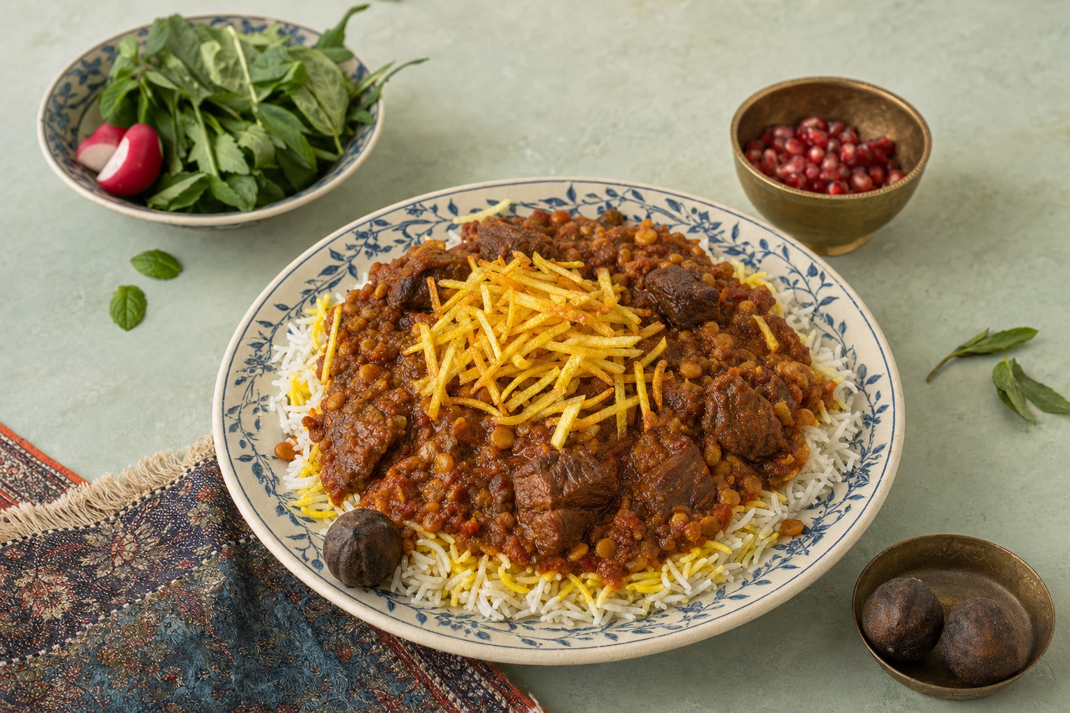 Khoresh-e Gheymeh — Geschmortes Lamm mit gelben Schälerbsen, getrockneter Limette und knusprigen Kartoffeln