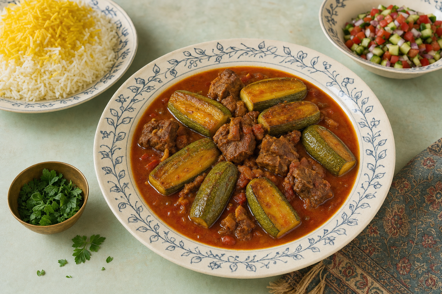 Khoresh-e Kadoo — Persisches Schmorgericht mit Zucchini, zartem Lamm, Tomaten und Safran
