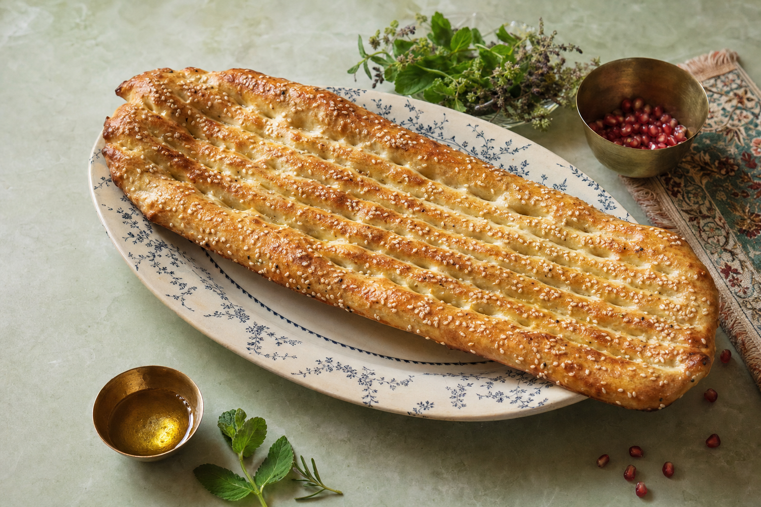Nan-E Barbari — Langes Fladenbrot aus Teheran mit tiefen Rillen, goldener Glasur und Sesam