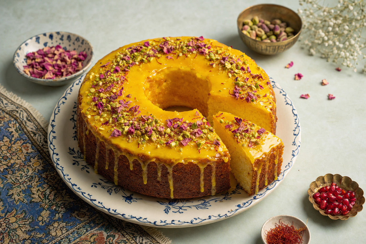 Persian Love Cake — Rührkuchen mit Rosenwasser, Kardamom und Safranglasur, Pistazien und Rosenblüten