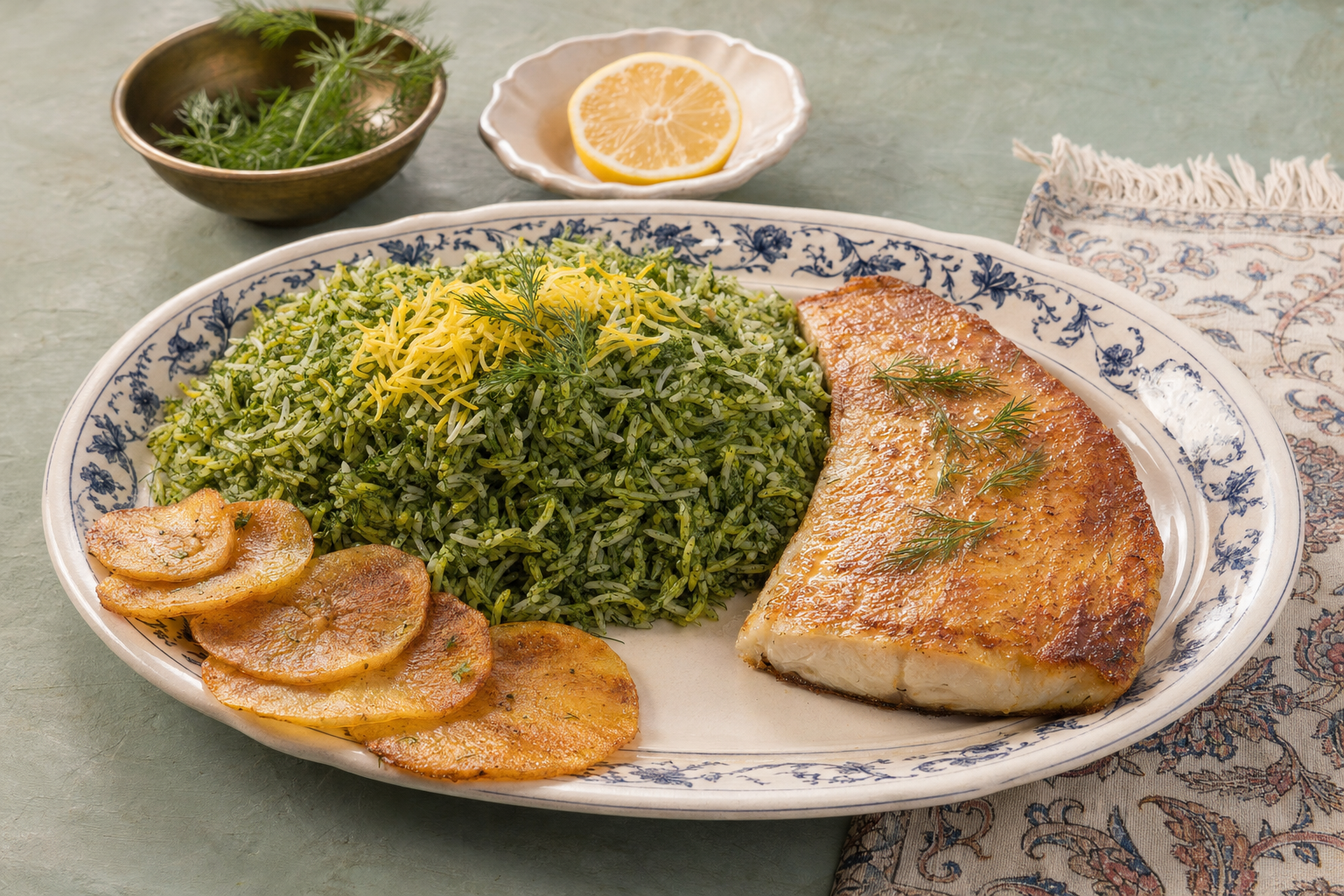 Sabzi Polo Ba Mahi — Kräuterreis mit Dill und Safran, dazu goldbraun gebratener Fisch