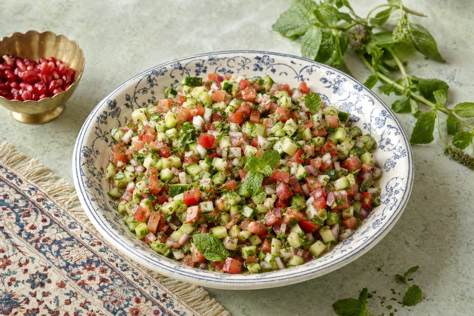 Salad-E Shirazi — Fein gewürfelte Gurken, Tomaten und Zwiebeln aus Schiras, mit Minze und Verjus