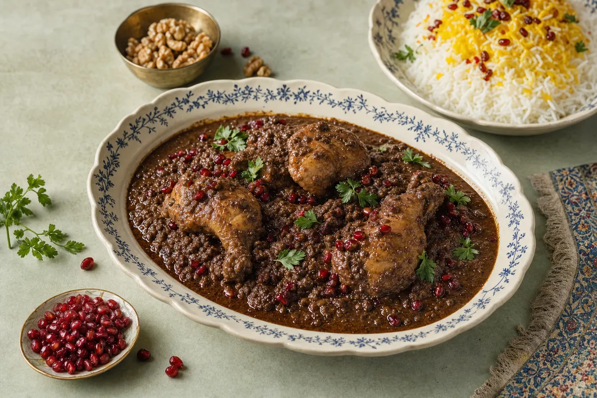 Khoresh-e fesenjan — Huhn, langsam geschmort in einer dicken Sauce aus Walnüssen und Granatapfel