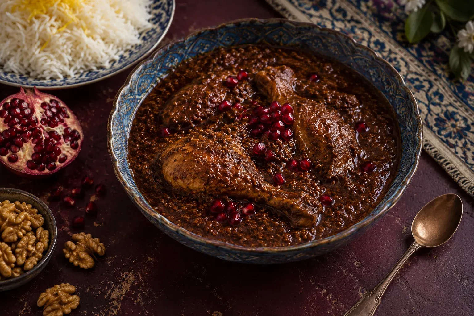 Tiefe blau-weiße Schale mit Khoresh-e Fesenjan: Hähnchen in dunkler Walnuss-Granatapfel-Sauce, Granatapfelkerne und Walnusshälften daneben