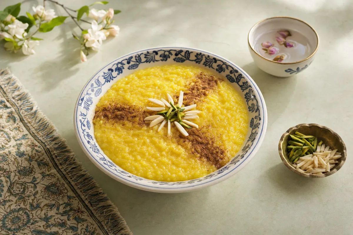 Sholeh zard — Safranreispudding mit Rosenwasser, Mandeln und einem Hauch Zimt