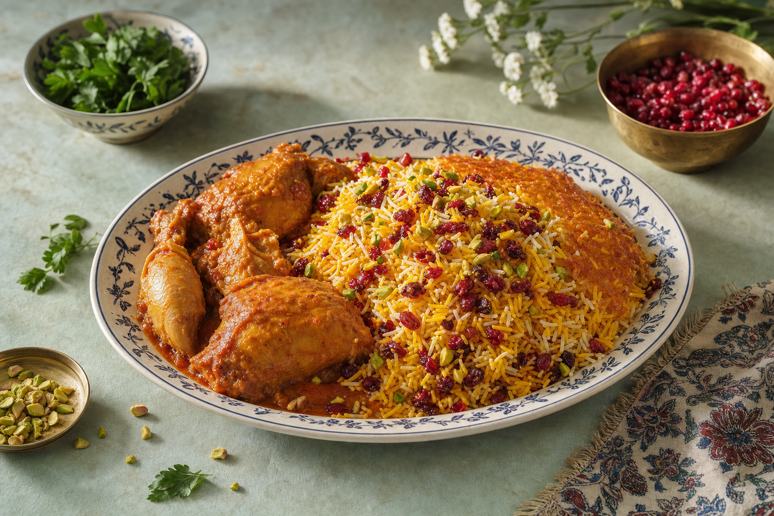 Zereshk Polo — Safranreis mit glänzenden Berberitzen, Pistazien und geschmortem Huhn